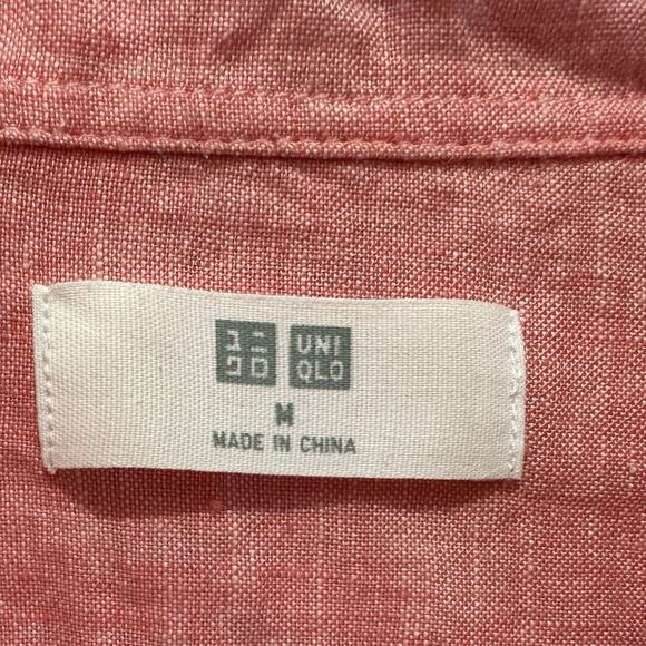 Uniqlo Linen Shirt Men Medium Collar Long Sleeve Button Preppy Pink Vacation - Picture 3 of 5